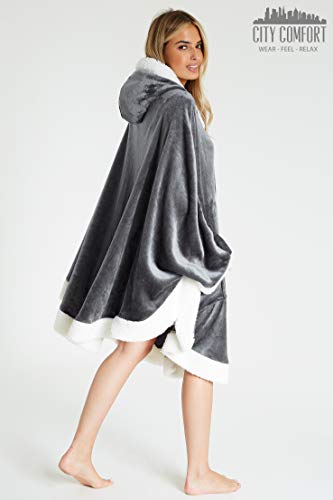 CityComfort Hoodie Damen Poncho Kuscheldecke Flauschig, Oversize Pullover Damen Umhang Decke (Dunkelgrau)