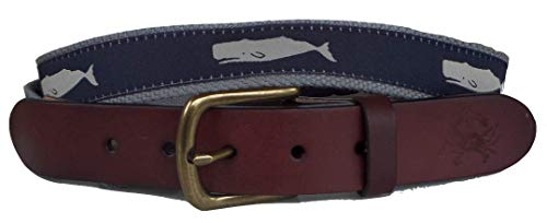 Men's Whale Leather Belt, Gray Whale on Navy Ribbon with Gray Webbing Leather Tab and Buckle