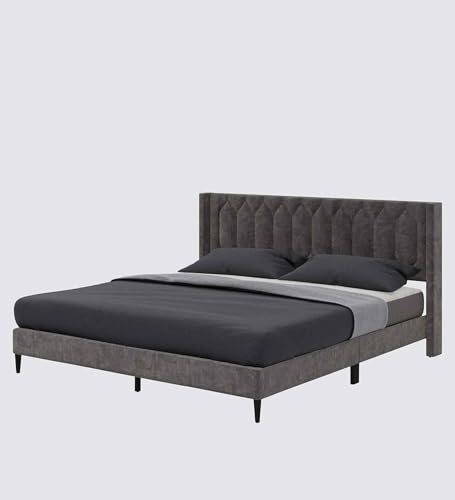 Image of Mintwud Pepperfry Mason Upholstered Queen Size Bed Without Storage | Wooden Double Bed with Tufted Headboard for Bedroom Living Room Home and Hotel (Grey)