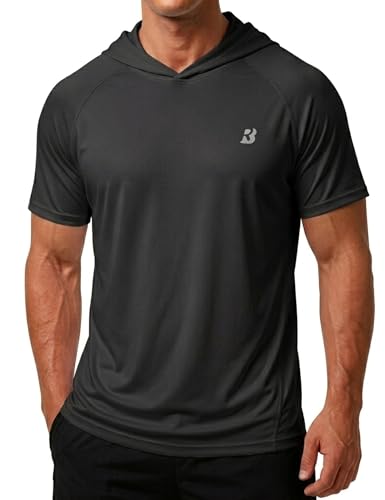 Roadbox Mens Short Sleeve Workout Gym Hoodies Lightweight Quick Dry Athletic T Shirts Sun Protection Hooded Sweatshirt Black