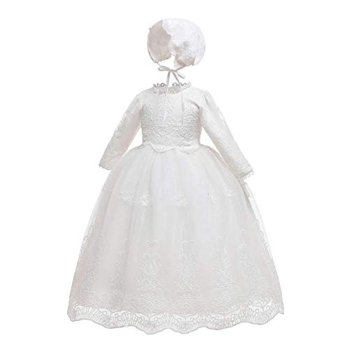 Baby Girl Christening Baptism Dress with Bonnet Long Sleeve Lace Flower Gown Special Occasion Wedding Birthday Naming Photo Shoot 2 Piece 0-3 Months
