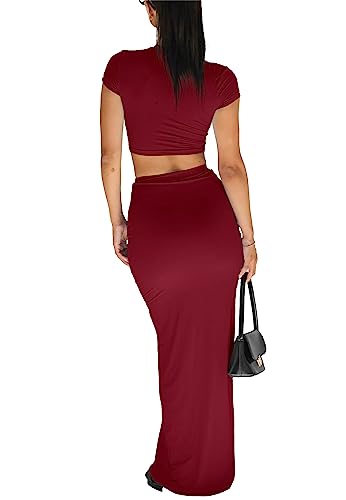 Image of Women 2 Piece Bodycon Maxi Skirt Set & Crop Top Summer Outfits | Soft Stretchy Fabric, Slim Fit, Short Sleeve, High Waist, Casual Lounge Matching Sets, Dressy Vacation Outfit, Date Night