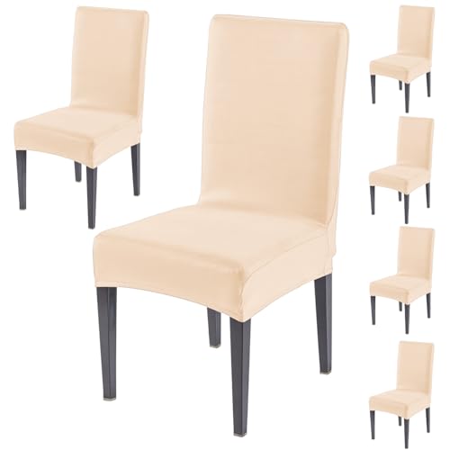 Image of HOKIPO 'SereneSolids' 140 GSM Stretchable Dining Chair Cover - Set of 6, Beige (AR-6246-BGE)