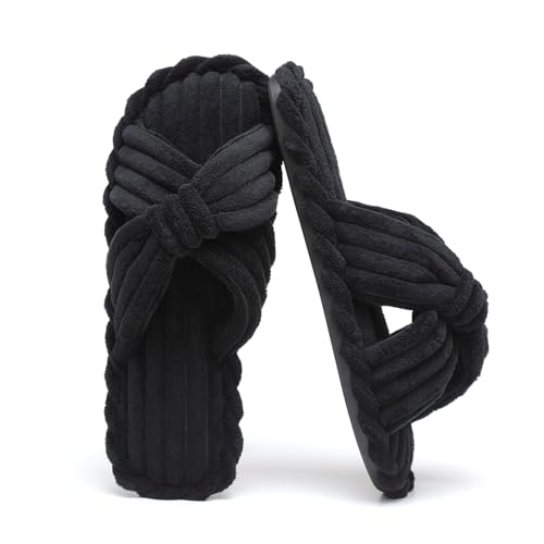 Slippers for Women Memory Foam Bow Cross Band Open Toe Corduroy House Shoes Bedroom Spa Indoor Comfy2