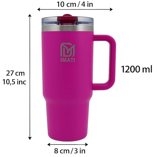 Image of IMATI 40oz Stainless Steel Insulated Tumbler with Side Handle & 2 Straws 2 Leakproof Lid Included - Double Wall Travel Mug for Warm & Cold Drinks Water Bottle for Gym Office Travel(Pink)