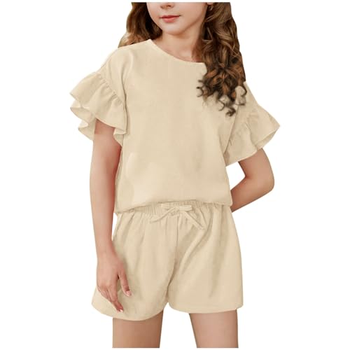 2 Piece Outfits Girls Summer Clothing Set Ruffle Short Sleeve Tops and Shorts Lounge Set Comfy Pajamas Set Size 3-15Y