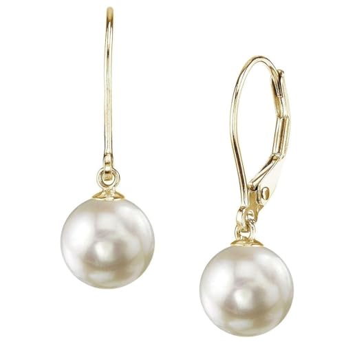 THE PEARL SOURCE 7.5-8.0mm White Japanese Akoya Real Pearl Earrings for Women - 14k Gold Leverback Earrings | Hypoallergenic Earrings with Genuine Cultured Pearls Pearl Gifts for Christmas, Holidays and Anniversary