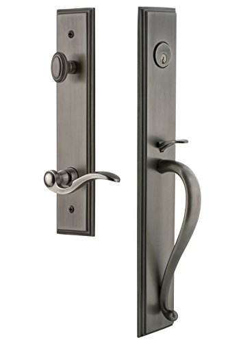 Grandeur 847151 Hardware Carre' One-Piece Handleset with S Grip and Bellagio Lever in Antique Pewter, Backset Size-2.75, Single Cylinder Lock