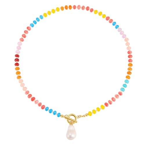 MPRAINBOW Beaded Gemstone Necklace for Women - 18K Gold Plated Beach Jewelry Baroque Pearl Pendant, Handmade Colorful Bead Boho Choker Summer Holiday Surfer Necklace Trendy Gift for Her