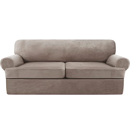 NA Velvet T Cushion Sofa Slipcover 3 Pieces Sofa Covers for T Cushion Sofa Soft Couch Cover Sofa Slip Covers Furniture Protector with 2 Individual T Cushion Shape Seat (Taupe, Loveseat)