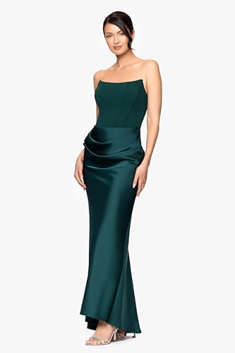 Image of Betsy & Adam Women's Floor Length, Strapless Boned Corset Detail Dress with Draped Satin Ruched Skirt