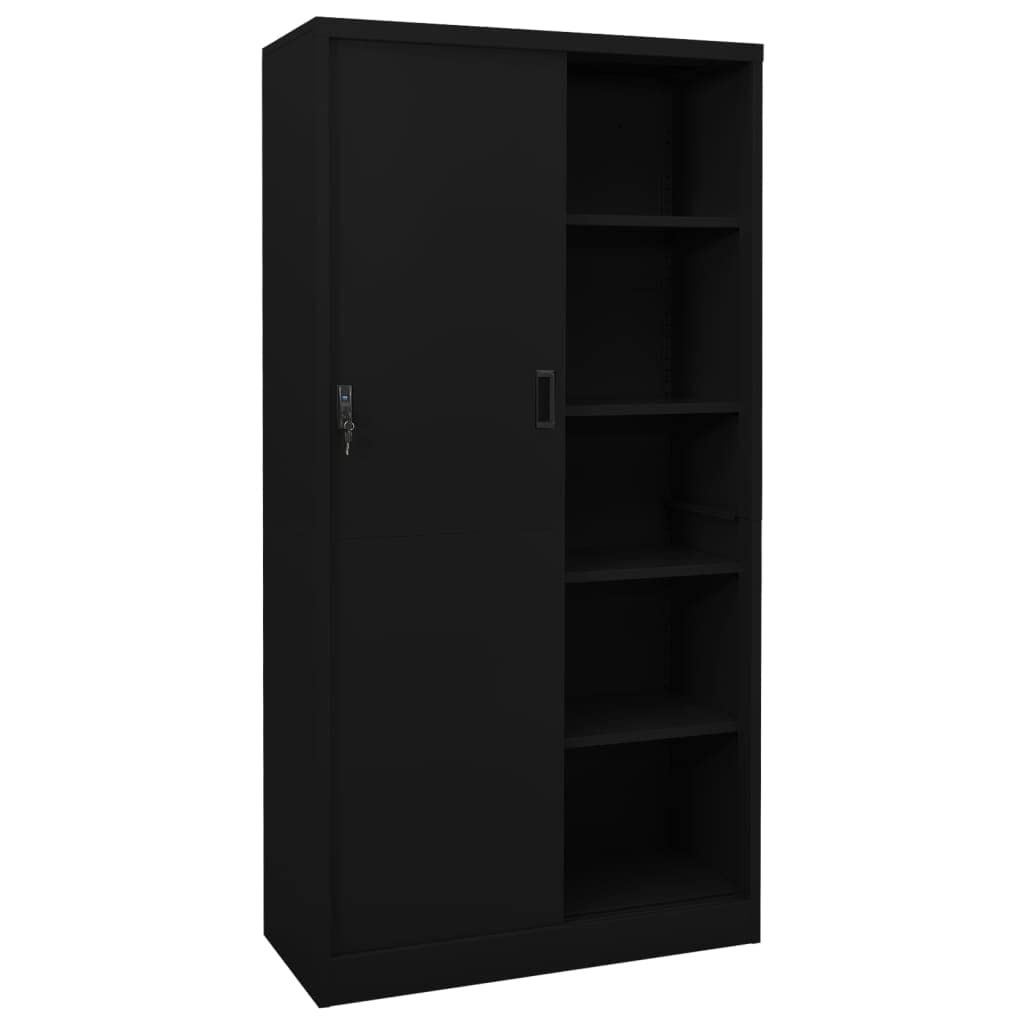 Armoire de classement en acier noir avec porte coulissante 90 x 40 x 180 cm, étagères réglables, serrure sécurisée, idéale pour les documents et fournitures de bureau, solution de rangement peu