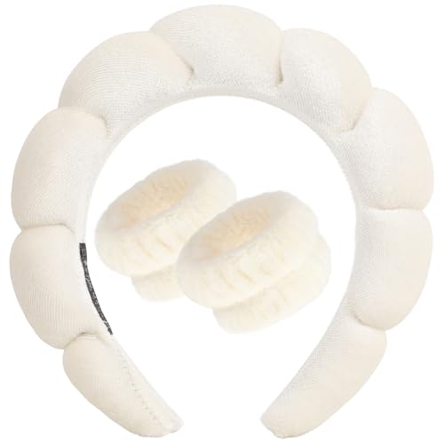 Photo de DRESHOW Bandeau Spa pour le Lavage du Visage Set de Poignets éponge doux en Tissu éponge pour le Maquillage et Les Soins de la Peau Bandeau Antidérapant pour les Femmes Taille Unique