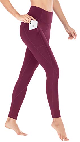 Heathyoga Leggings with Pockets for Women Tummy Control High Waisted Yoga Pants Women Compression Workout Leggings Wine