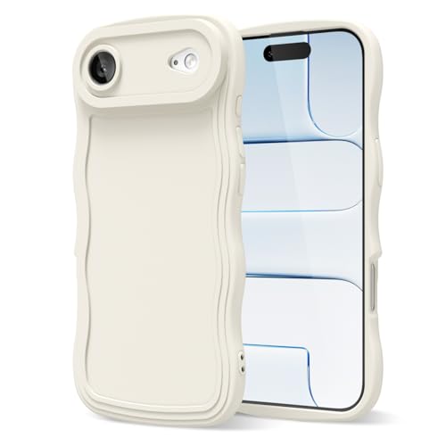 oakxco Girly Silicone Case for iPhone 17 Air Generation, Wavy Curly Phone Case for Women Aesthetic, Y2k Cute Wave Frame Ripple Design, Soft Rubber Matte Plain Case, Beige White