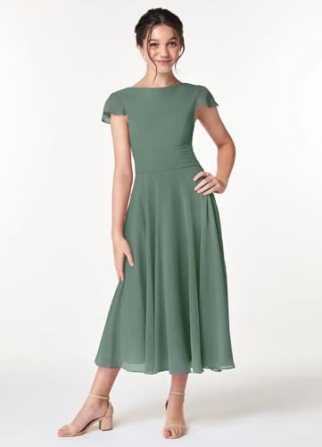 MCieloLuna Summer Short Sleeve Junior Bridesmaids Dresses for Wedding Boho Flowing Chiffon Formal Evening Midi Dress3