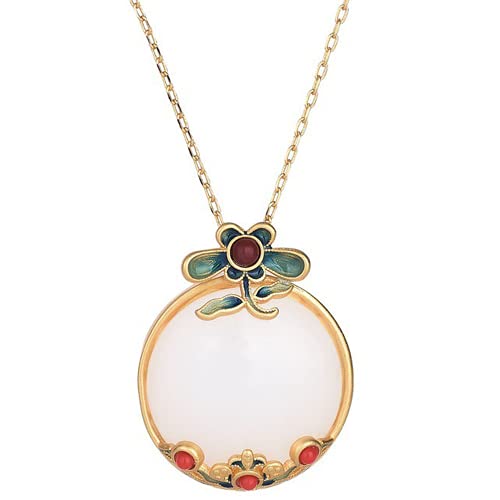 MaikOn Pendant Necklace, Chinese Style Antique Natural White Jade Cloisonne