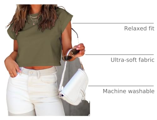 Image of Tankaneo Womens Short Sleeve Cropped T-Shirts Summer Rolled Dolman Sleeve Crop Tops Casual Round Neck Solid Short Basic Tees