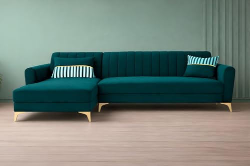 Image of Adorn India Premium Luster 6 Seater L Shape Sofa Set | Velvet Suede Fabric | 3-Year Warranty | LHS |Color Ocean Blue with Golden Legs & Striped Pattern Cushion