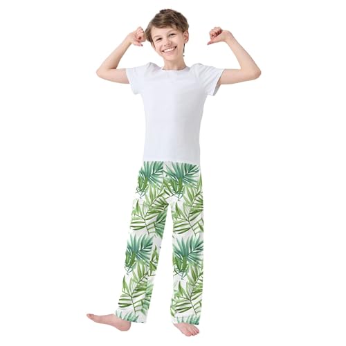 Green Leaves Long Pajama Pants Elastic Waist PJ Bottoms with Pockets S A1106103