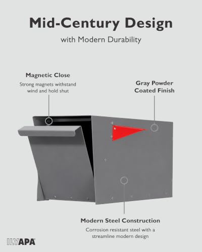 Image of Ilyapa Modern Mailbox for Post Mount - Gray with Gray Door Powder Coated Steel, Waterproof Letter Box for Parcels, with Recessed Magnetic Close Door