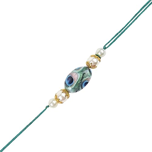 Image of I Jewels Pearl Bhaiya Bhabhi Lumba Rakhi Bracelet Combo Set With Roli Chawal & Rakshabandhan Greeting Card