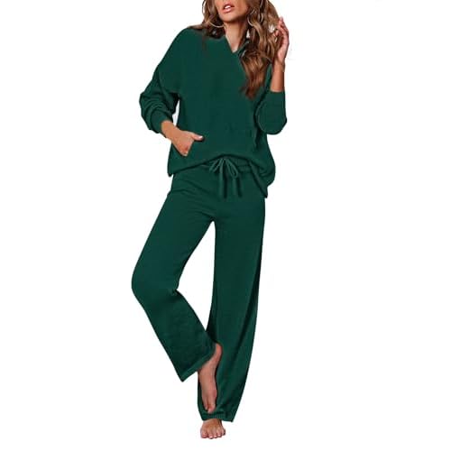 Pink Queen Sweater Set for Women Pullover Hoodie Matching Wide Leg Pants Loose Knitted Sweatsuit with Pocket Blackish Green Medium