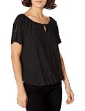Star Vixen Women's Petite Short/Slit Sleeve Keyhole-Tie Peasant Top Bubble Hem, Black Solid, PS