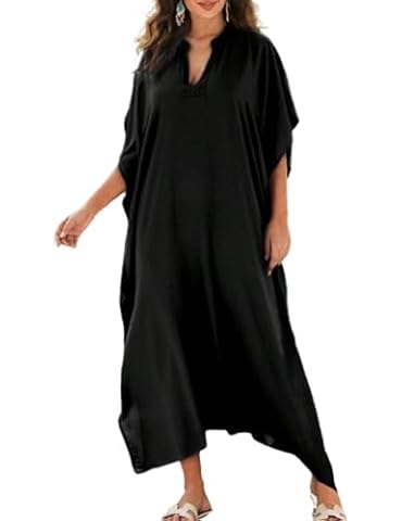 Bsubseach Kaftan Sukienki dla kobiet Plus Size Caftan Stałe Bikini Plaża Strój kąpielowy Cover Up Loungewear Czarny