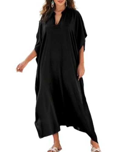 Bsubseach Kaftan Sukienki dla kobiet Plus Size Caftan Stałe Bikini Plaża Strój kąpielowy Cover Up Loungewear Czarny