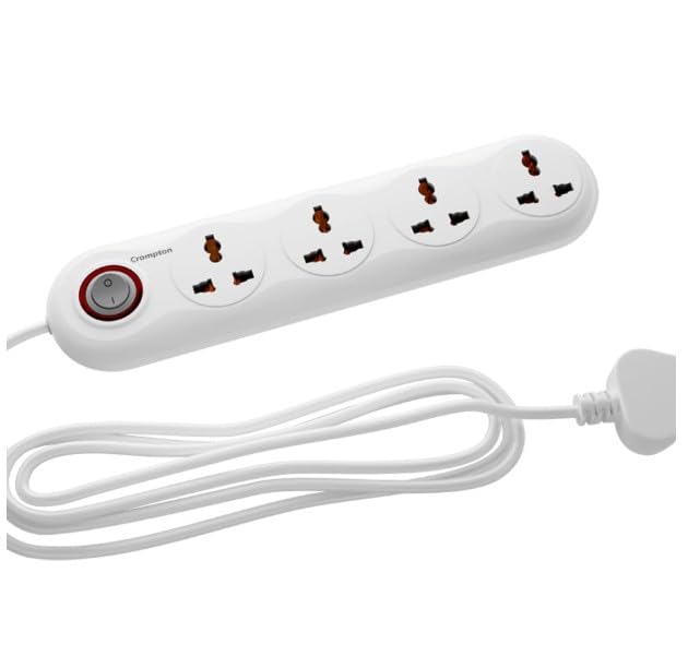Image of Crompton Powerbox Alpha LITE Extension Board 6A with 4 Universal Sockets | 2 Meter Cord | 1500W Power Capacity | Multi Plug Power Hub for Home & Office | White | Pack of 1