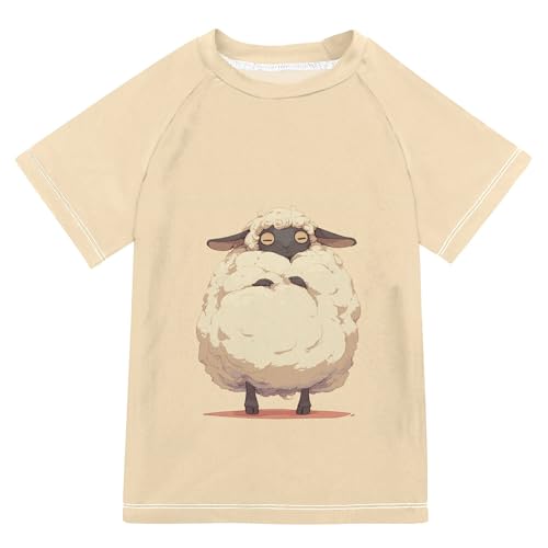 Cartoon Sheep Beige Boy Bathing Suit Short Sleeves Workout Shirts Swimwear Beach Tops 3T