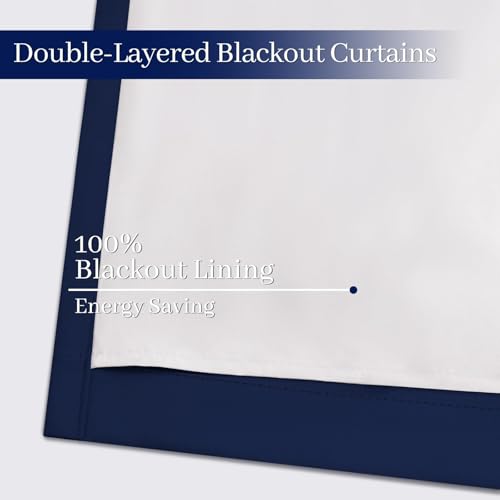 Yakamok Navy Blue 100% Blackout Curtains 96 Inches Long Thermal Insulated Window Curtain for Bedroom Living Room Darkening Set of 2 Panels Grommet Top Drapes with 2 Thick Layers 52x96 Inches Dark Blue