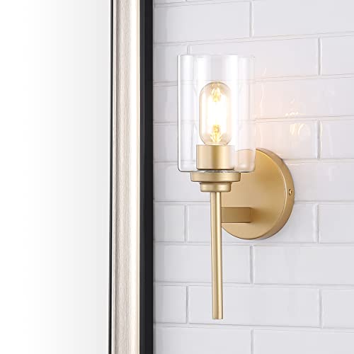 Image of JONATHAN Y 13 inch Brass Gold /Clear Industrial Farmhouse LED Wall Sconce, with Clear Glass Cylinder Shade, 1-Light Iron Vanity Light for Bathroom Mirror Hallway Bedroom (JYL9547B)