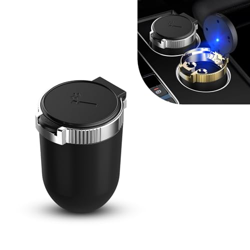 Image of Tesnaao 1 PC Car Ashtray, 3.93 inch x 2.75 inch x 1.88 inch Large Center Console Opening Designed Flame Retardant Stainless Steel Liner Trash Can with Cap, Detachable Neat Accessories, for Cars (Black & Silver)