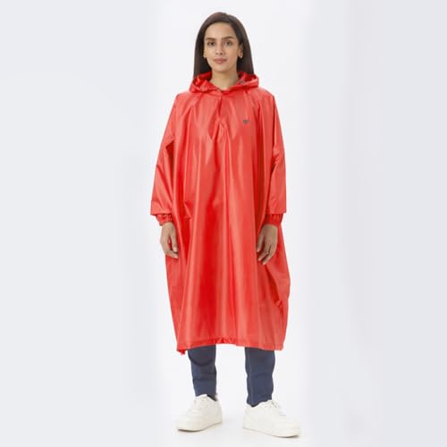 Image of Zeel Unisex Outdoor Rain Poncho for Adult, Waterproof, Lightweight & Packable, Polyester Pullover Full Sleeves Hooded Rainwear, Raincoat for Camping, Hiking, Travelling (AZ33, Free Size) (Red)