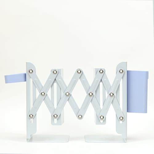 Image of Adjustable Bookend Organizer with Pen Holder | Expandable Desk Bookshelf for Office, Study, and Home | Book Rack Stand for Books, Files & Stationery (Extends Up to 17 Inches) - Blue