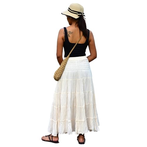 Sakoonee Boho Hippie Maxi Skirt Long Summer Cotton Dress for Women with Smocked Elastic Waist