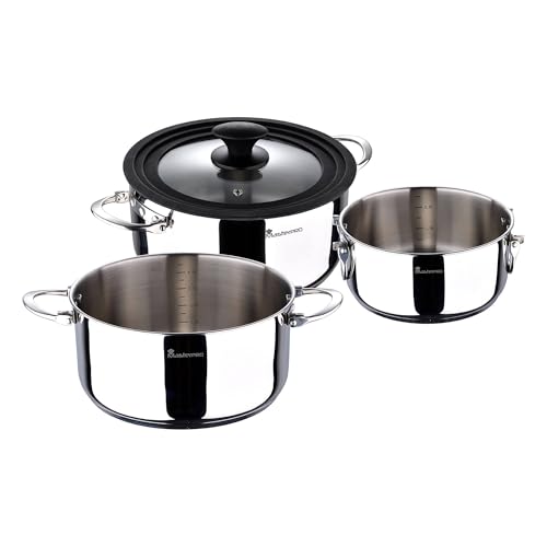MasterPRO Foodies - Batería de Cocina - Set de 4 Piezas Con Cacerolas de 16, 20 y 24 cm y Tapa de Cristal - Fabricadas en Acero Inoxidable - Compatibles con Todo Tipo de Cocinas