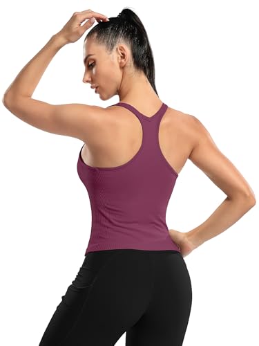 Image of ATTRACO Ribflex Ribbed Workout Crop Tops with Built in Bra for Women Yoga Racerback Tank Top Slim Fit