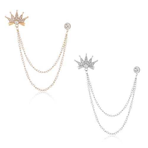 Image of 2PCS Crystal Hanging Chain Brooch Suit Pin for Men Women Vintage Crown Cross Star Diamond Broochs Gold and Silver Wedding Brooch for Clothes Dress Hats Bags Accessory