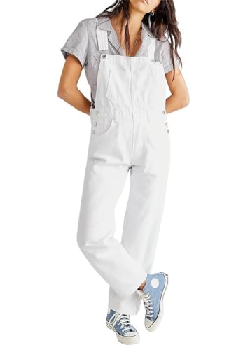 shownicer Femme Salopette Jeans Combinaison Denim Boyfriend Slim Jumpsuit Pantalon Casual Lâche pour Printemps A Blanc S