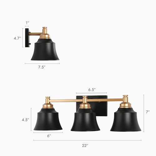 Image of KSANA Bathroom Light Fixtures, 3 Light Black and Gold Powder Room Wall Lights Over Mirror, 22 Inch Modern Farmhouse Metal Vanity Lights