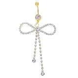 Cykdohy Dainty Rhinestone Bow Dangle Navel Ring for Women Fashion Statement Long Tassel Bowknot Crystal Drop Belly Button Rings Silver Sparkly CZ Barbell Stud Sexy Body Piercing Jewelry (Gold)