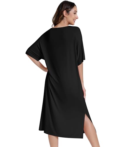 Image of NACHILA Women's Nightgowns-Viscose Made from Bamboo, Soft Sleepshirts Half Sleeve Nightshirt Cool Sleepdress with Pockets