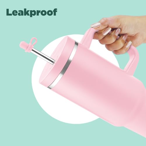 Image of MILTON My Tumbler 1200 Thermosteel Double Wall Vacuum Insulated Stainless Steel Tumbler with Handle 1100ml,Leak Proof Travel Mug with Straw,Silicon Cap Cleaning Brush, Hot & Cold Beverage Flask, Pink