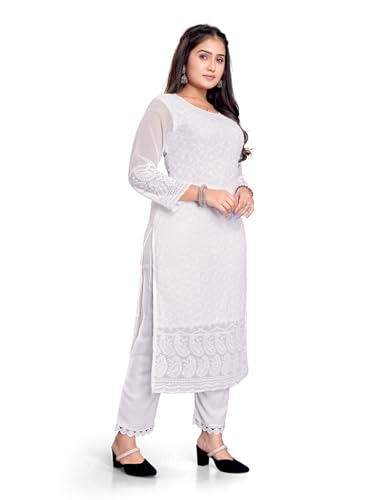 Image of IMPEX Hand Embroidered Chikankari Georgette Kurta for Women | Kurti | 3 /4th Sleeves | Round Neck | Ethnic Kurta | Ideal for Casual Wear, Festive, Wedding & Parties