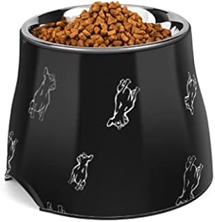 Flexzion Elevated Dog Bowl - Single Elevated Dog Bowls for Small Medium Dogs, Non-Slip and Comfortable - Stainless Steel Dish Dog Bowl with Stand 600ml Capacity for Food, Water - Black/Bulldog