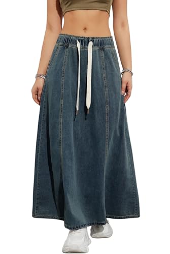 chouyatou Women's Casual Paperbag Elastic High Waist A Line Long Maxi Flare Denim Skirt