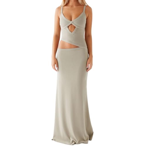 Image of NUFIWI Women Sexy Cutout Long Dress Spaghetti Strap Ruched Bodycon Maxi Dress Backless Hollow Cocktail Dresses
